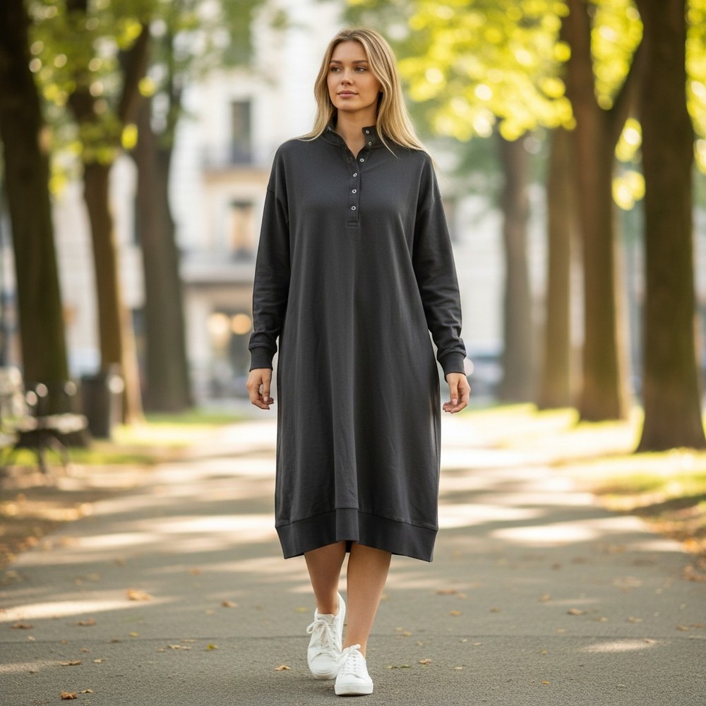Noisy May Long Sleeve Henley Sweat Dress Charcoal Gray Organic Cotton Medium